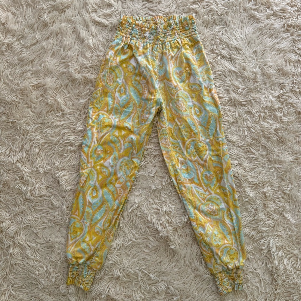 Rachel Zoe & Janie and Jack Yellow Blue Paisley Smocked Waist Jogger Pants SZ 8